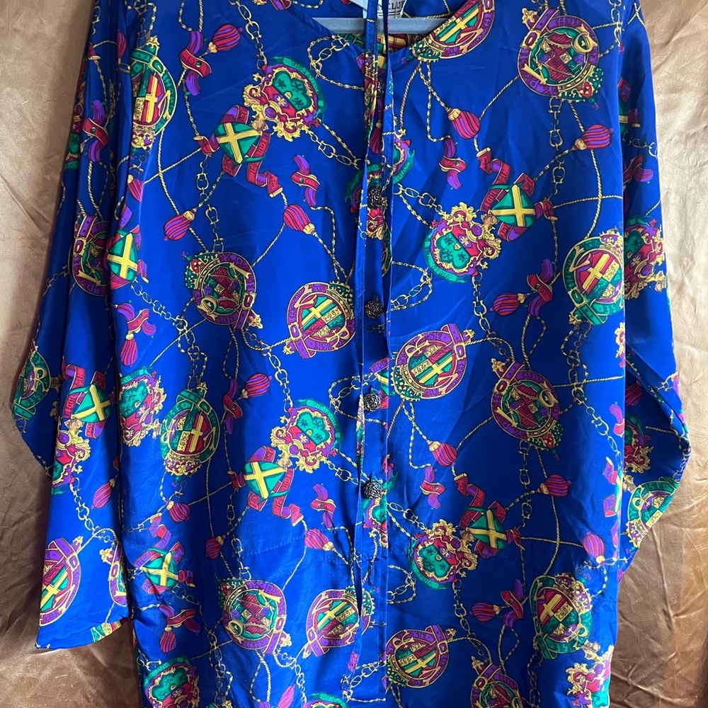 Vintage 1980s Vibrant Blue Scarf Print Blouse M-L